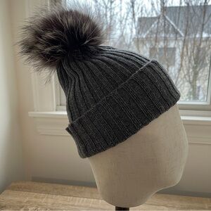 Portolano Gray Ribbed Knit Pom Pom Beanie Scandi Girl Alpine Chic